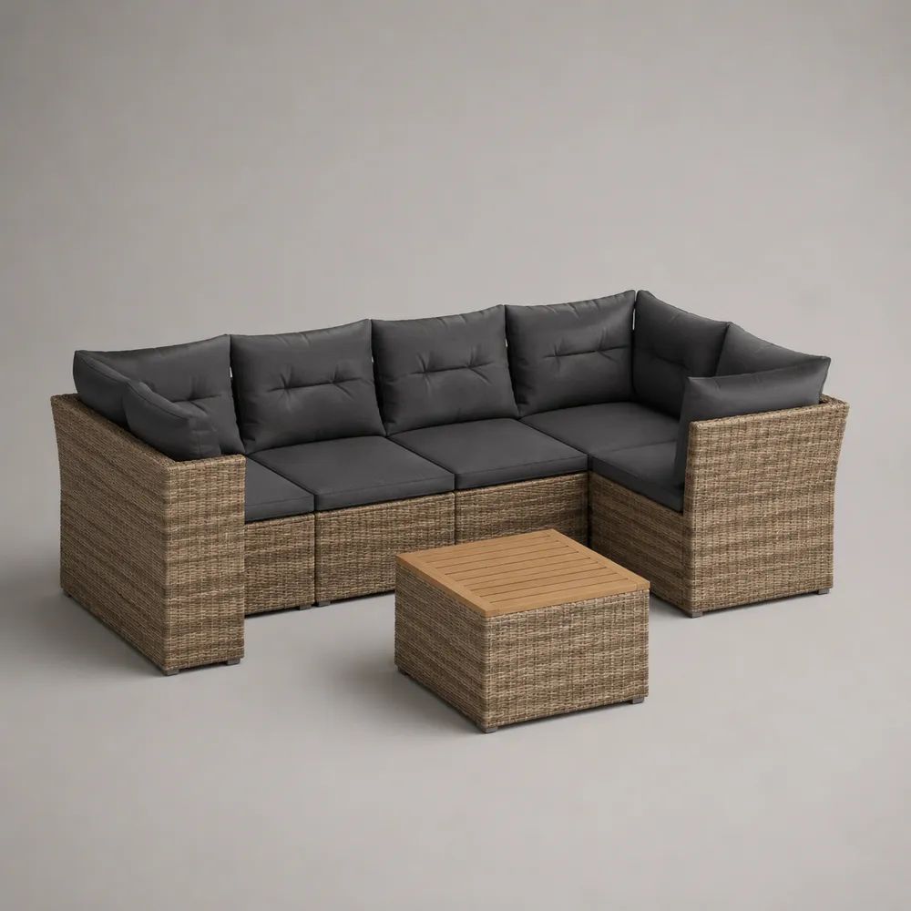Set salotto da giardino 6 pezzi in polyrattan marrone con divano angolare a 5 posti, tavolino e cuscini antracite, 229 x 173 x 73 cm