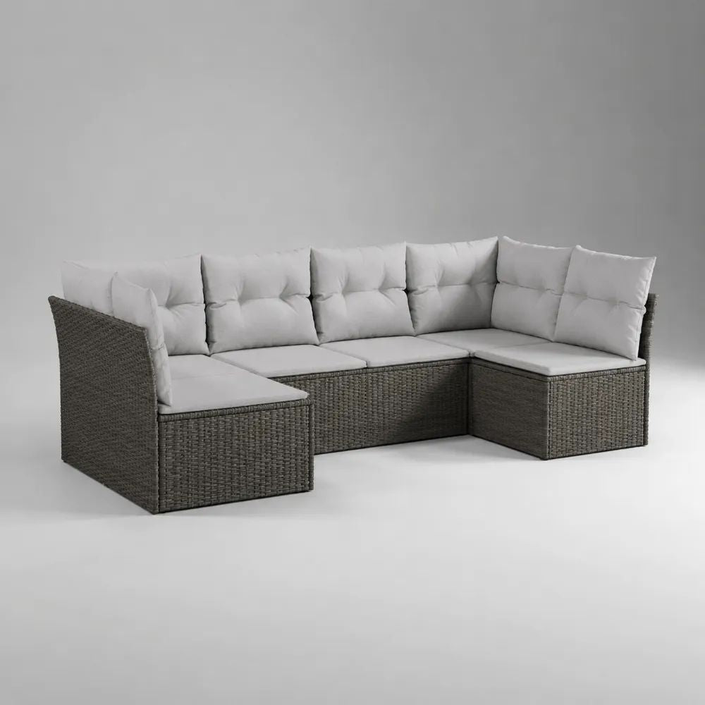 Set divano angolare da giardino a U 6 posti in polyrattan grigio con cuscini grigio chiaro, 240 x 180 x 78 cm