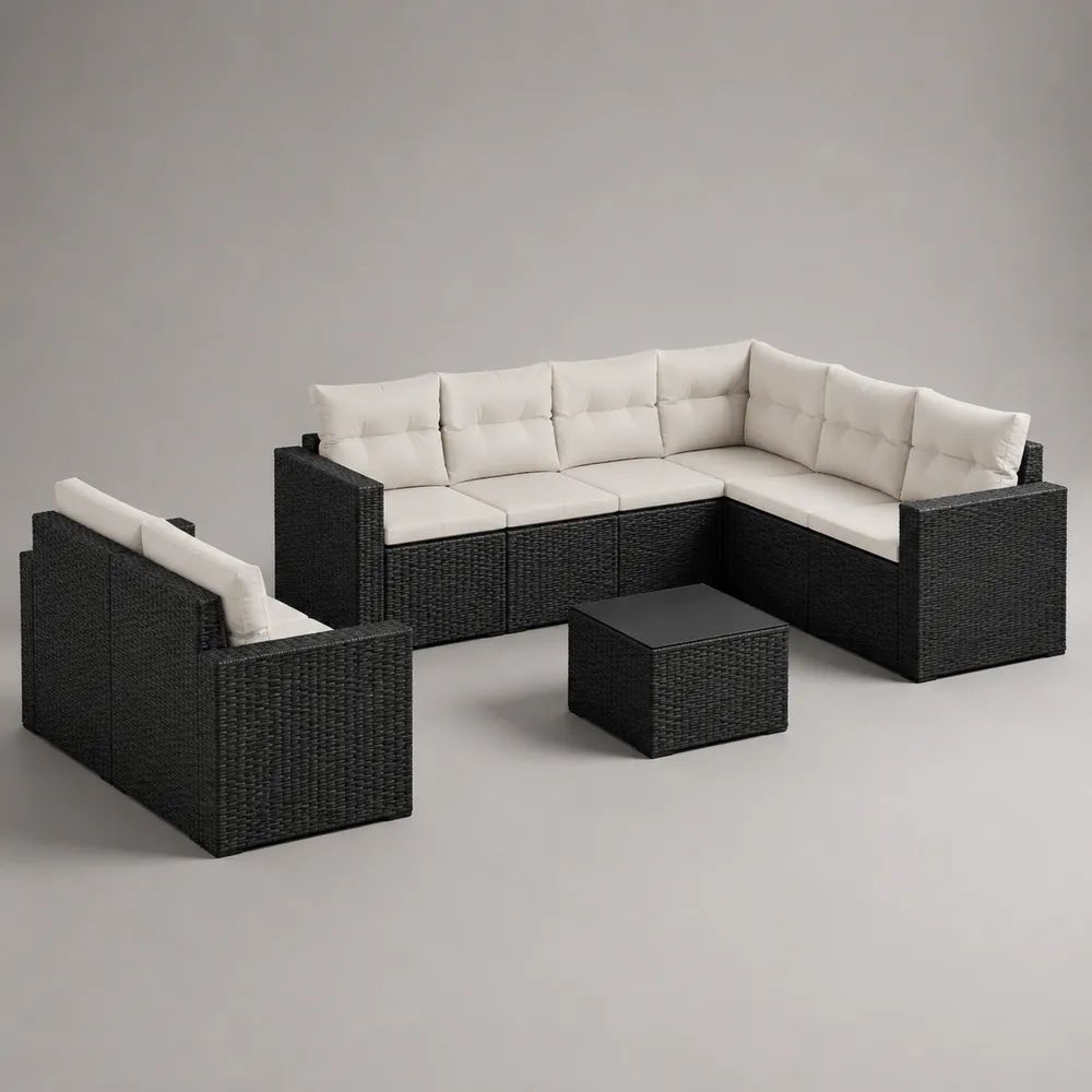 Set salotto da giardino angolare 7 pezzi in rattan PE nero con cuscini crema e tavolino, 220 x 165 x 74 cm