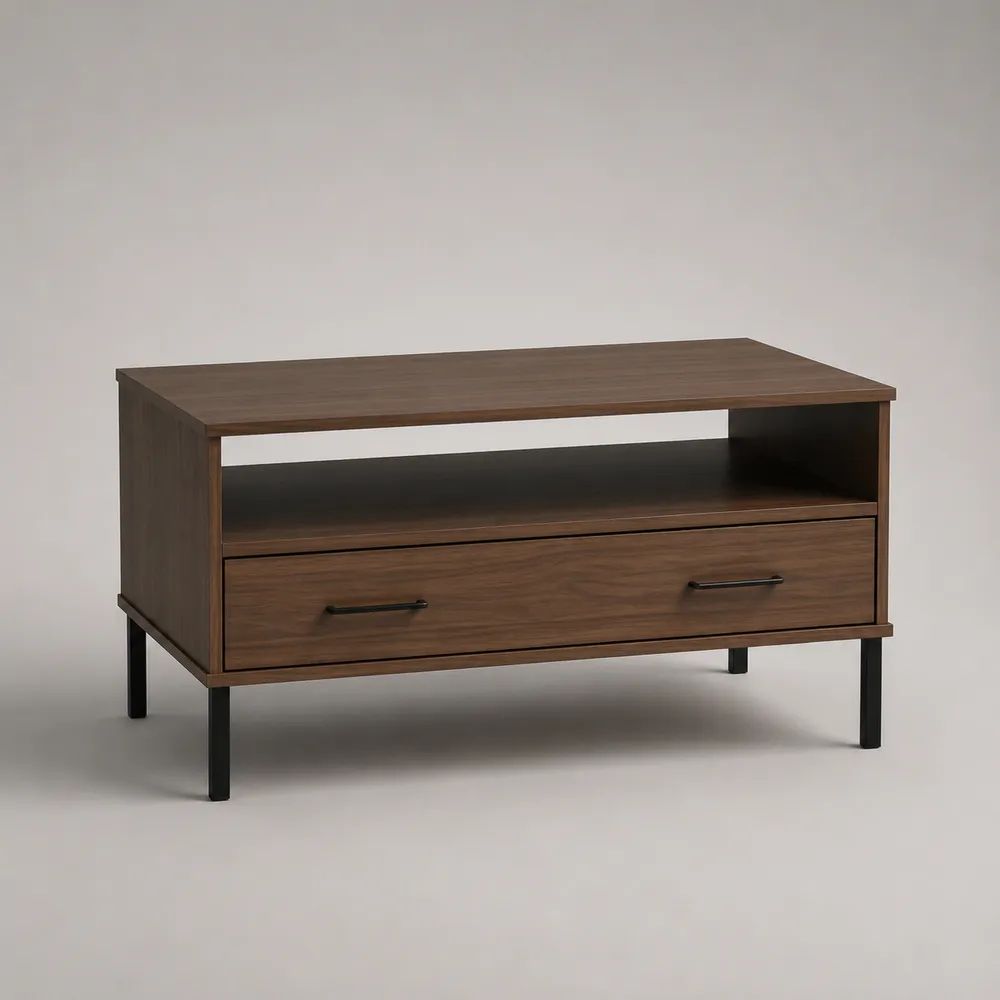 Tavolino da salotto rettangolare in MDF effetto noce con cassetto, ripiano aperto e gambe in acciaio nero, 100 x 50 x 55 cm