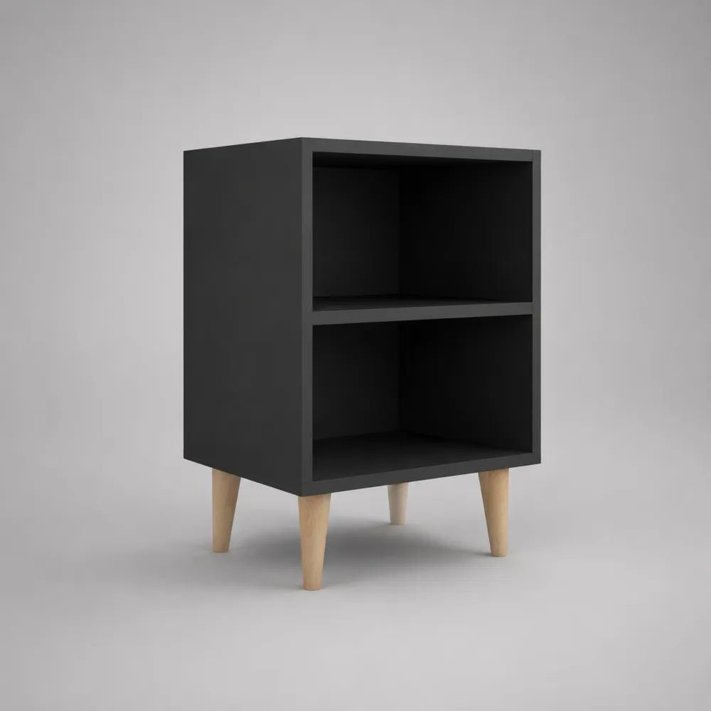 Comodino rettangolare in legno con 2 vani aperti e gambe, Nero/Naturale, 40 x 35 x 60 cm