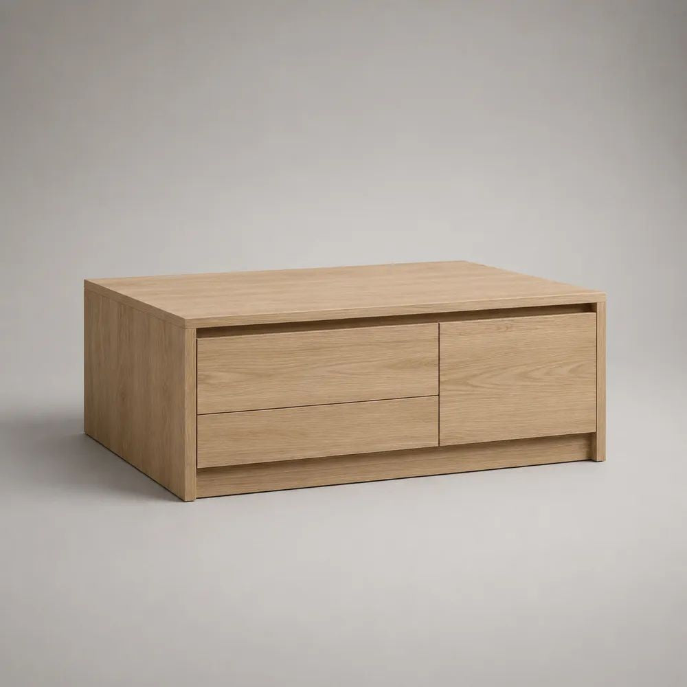 Tavolino da salotto rettangolare in MDF impiallacciato rovere naturale con 2 cassetti e 1 anta, 100 x 55 x 45 cm