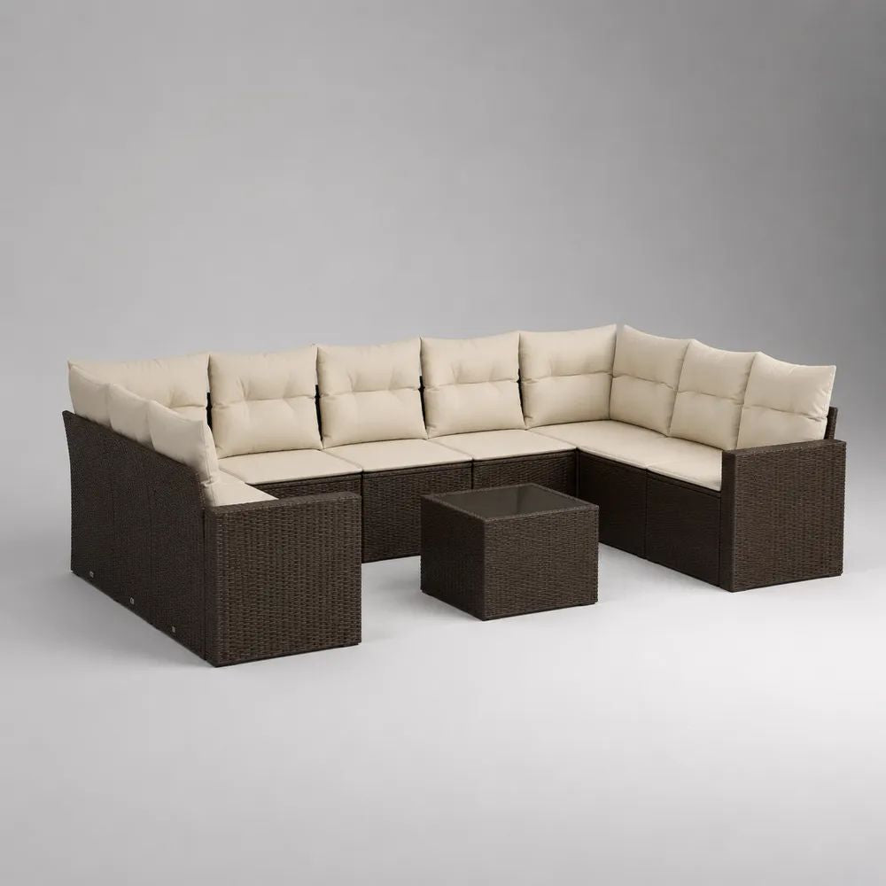 Salotto da giardino a U 9 pezzi in rattan PE e acciaio marrone scuro con cuscini beige, 280 x 190 x 76 cm, tavolino 60 x 60 x 40 cm