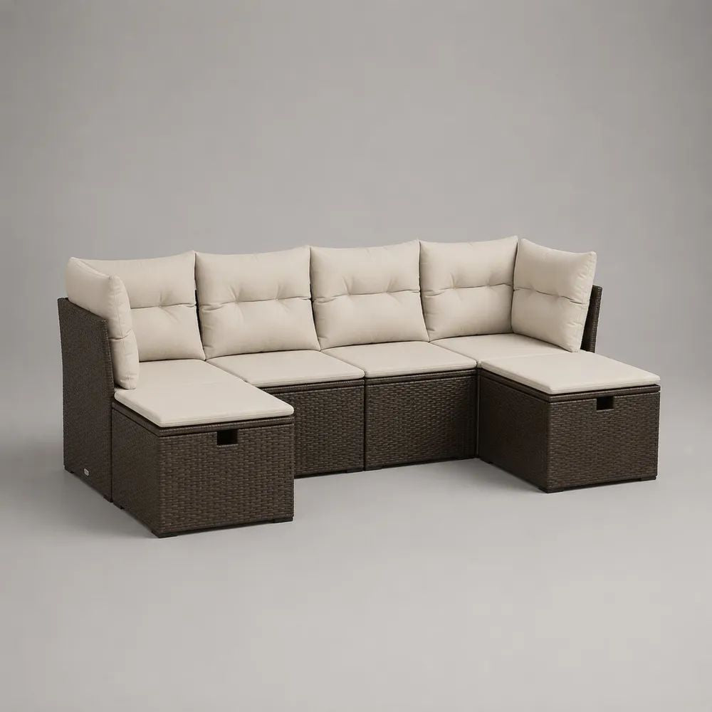 Divano da giardino modulare a U 5 posti, set da 5 pezzi in polyrattan PE marrone scuro con cuscini beige, 240 × 145 × 73 cm
