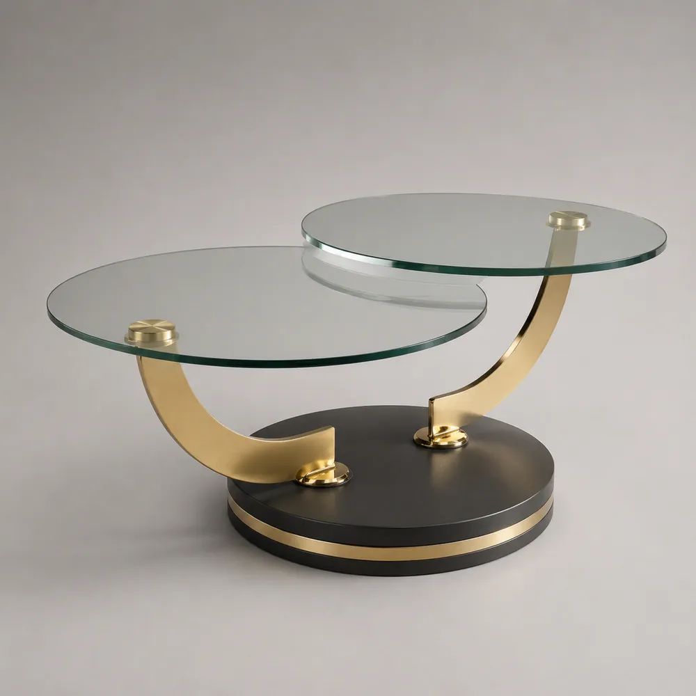 Tavolino da salotto rotondo a 2 livelli in vetro trasparente, metallo dorato e base in legno nera, 110 x 70 x 48 cm