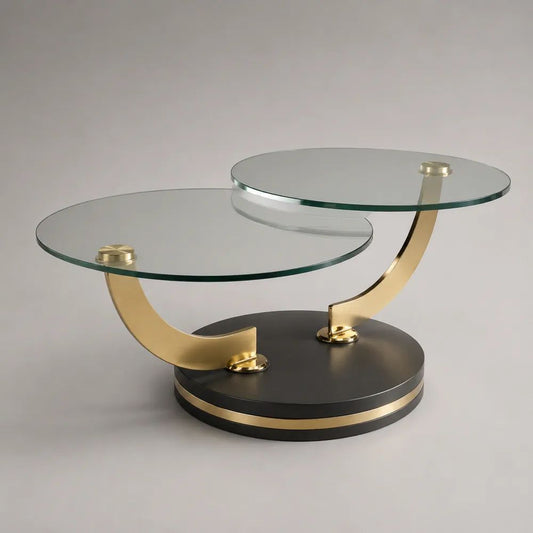 Tavolino da salotto rotondo a 2 livelli in vetro trasparente, metallo dorato e base in legno nera, 110 x 70 x 48 cm