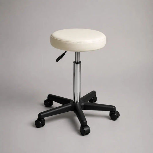 Sgabello da ufficio girevole regolabile in altezza con seduta in similpelle e base a 5 ruote, bianco, Ø50 × H45-57 cm