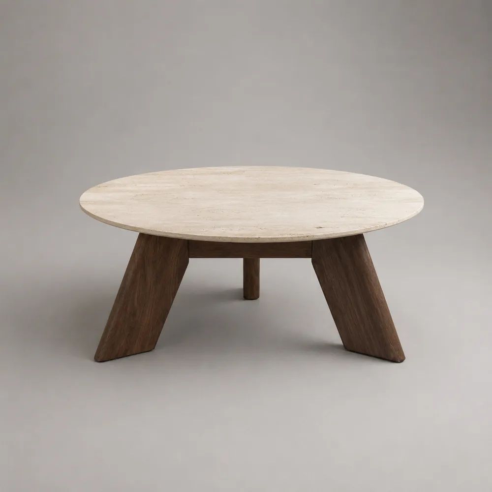 Tavolino da salotto rotondo in travertino naturale e rovere massello beige e marrone, Ø 100 x 40 cm