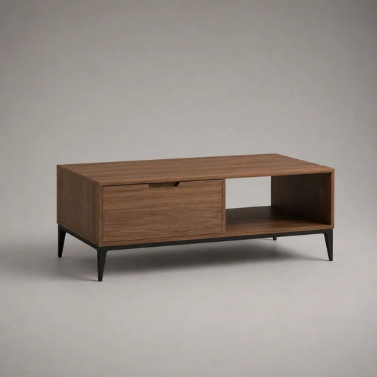 Tavolino da salotto rettangolare in MDF impiallacciato noce con cassetto, vano aperto e gambe in acciaio nero, 110 x 55 x 45 cm