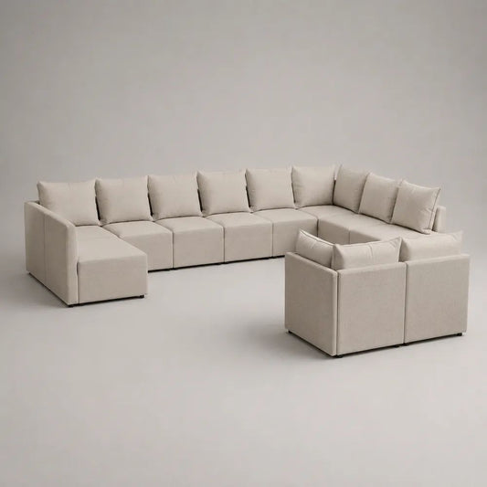 Divano modulare da esterno a U, 9 pezzi in poliestere e alluminio, beige con piedini neri, 420 x 300 x 76 cm