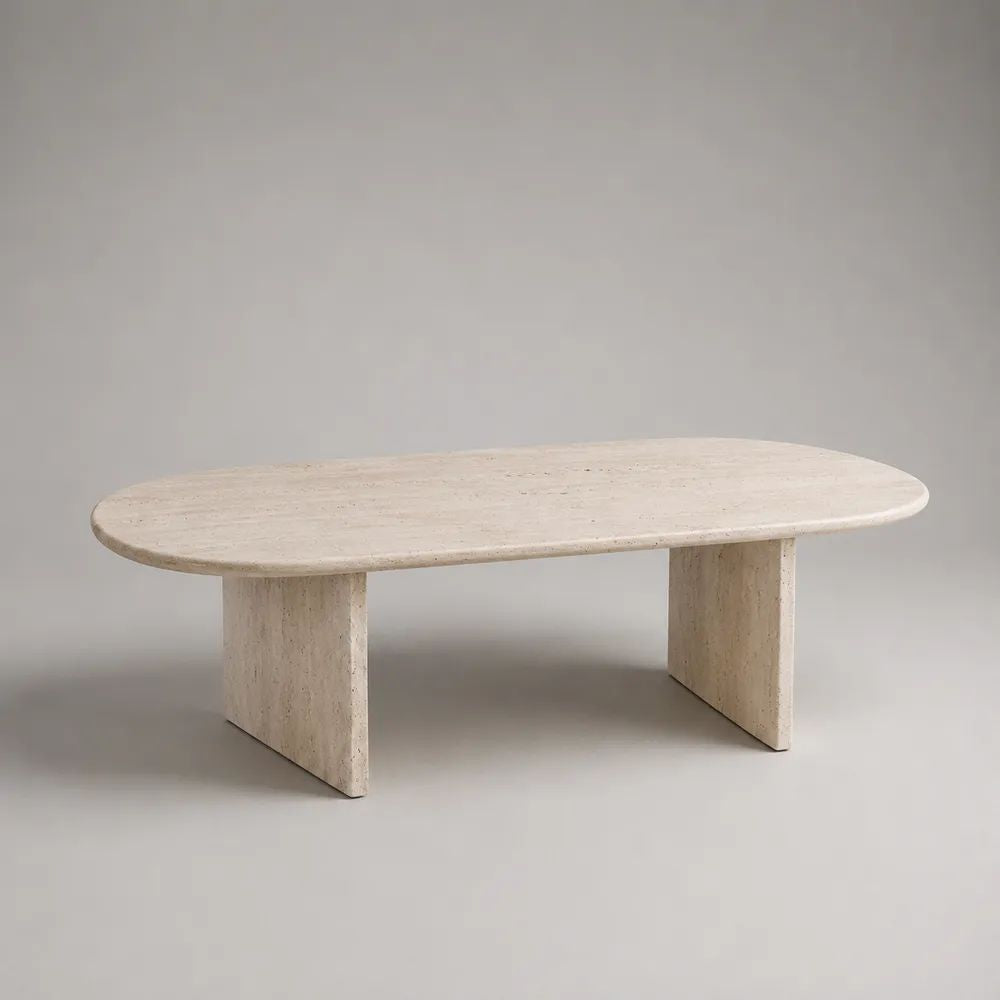 Tavolino ovale in travertino naturale beige crema, 120 × 60 × 40 cm