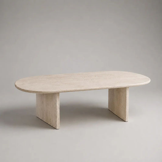 Tavolino ovale in travertino naturale beige crema, 120 × 60 × 40 cm