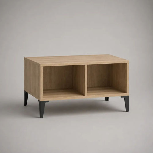 Tavolino rettangolare con 2 vani aperti, pannello truciolare effetto rovere e acciaio nero, 80 × 50 × 45 cm