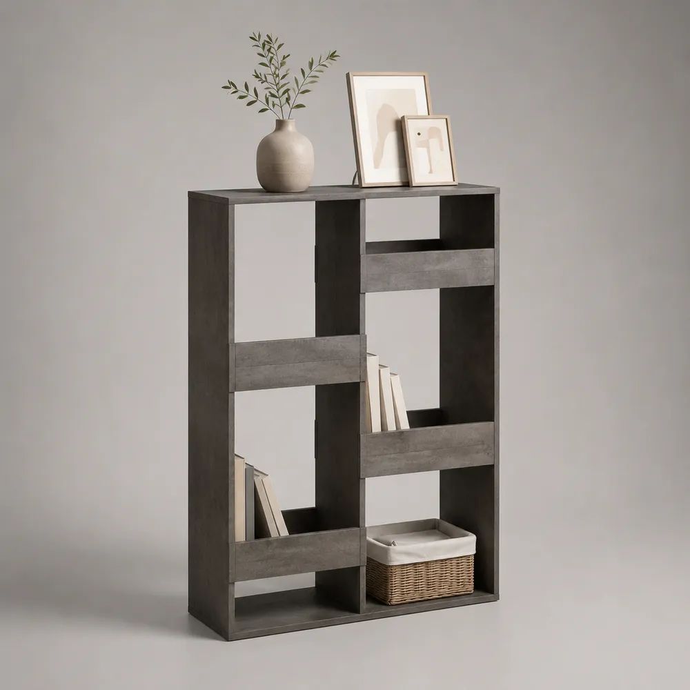 Libreria rettangolare da terra a 6 vani in legno grigio cemento, 80 x 24 x 160 cm