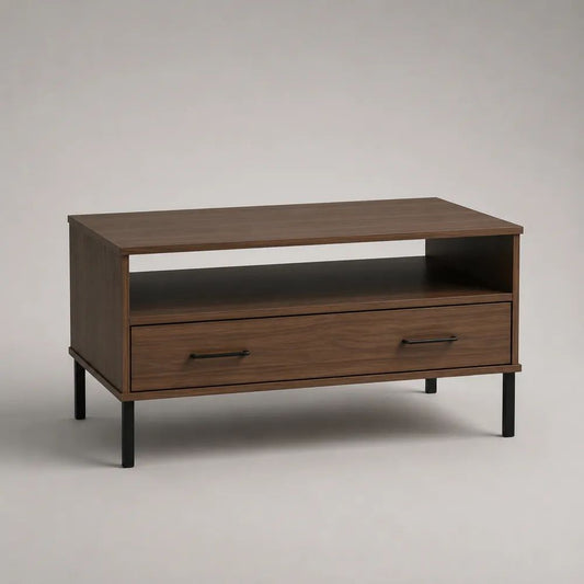 Tavolino da salotto rettangolare in MDF effetto noce con cassetto, ripiano aperto e gambe in acciaio nero, 100 x 50 x 55 cm