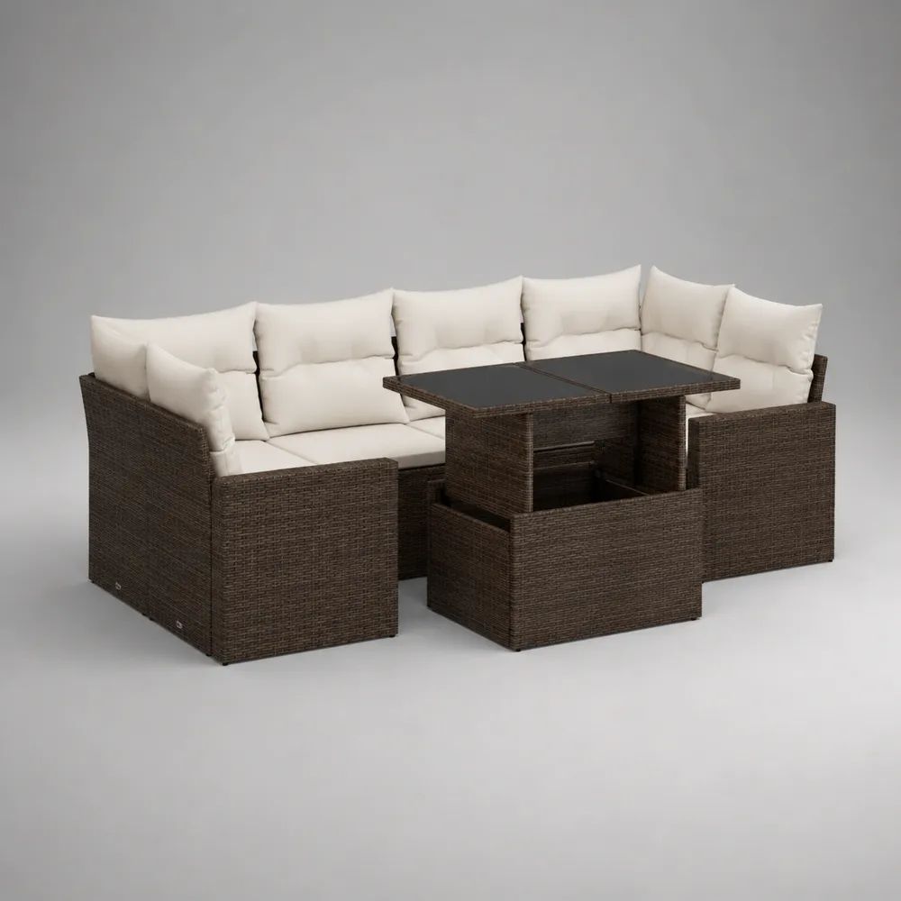 Set salotto da esterno 7 pezzi, 9 posti, in polyrattan PE marrone scuro e acciaio con cuscini crema, 210 x 210 x 73 cm, tavolo 120 x 120 x 68 cm