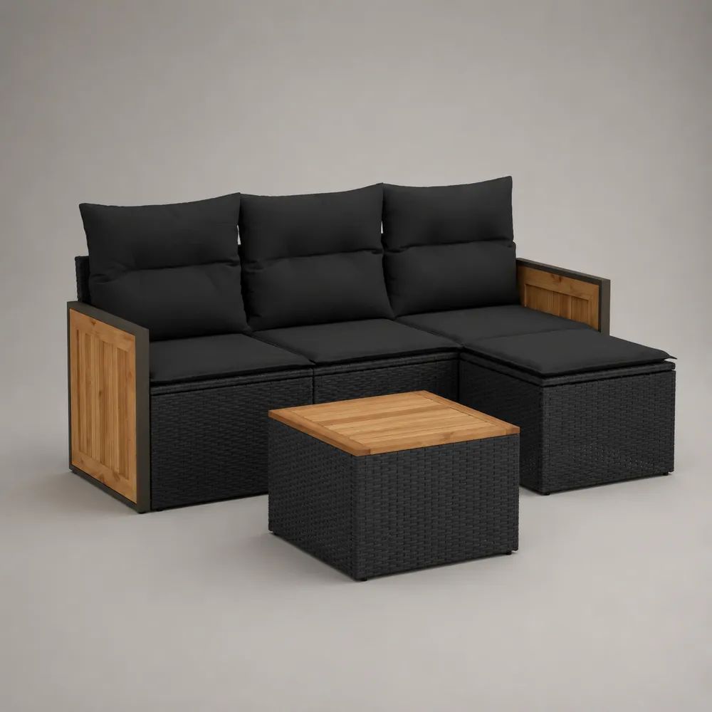 Set salotto da giardino 3 pezzi in rattan PE nero e legno massello, divano 183 x 67 x 74 cm, pouf 60 x 60 x 36 cm e tavolino 60 x 60 x 35 cm