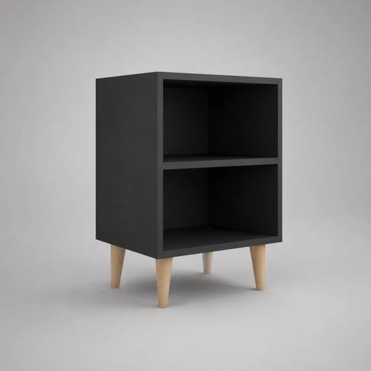 Comodino rettangolare in legno con 2 vani aperti e gambe, Nero/Naturale, 40 x 35 x 60 cm