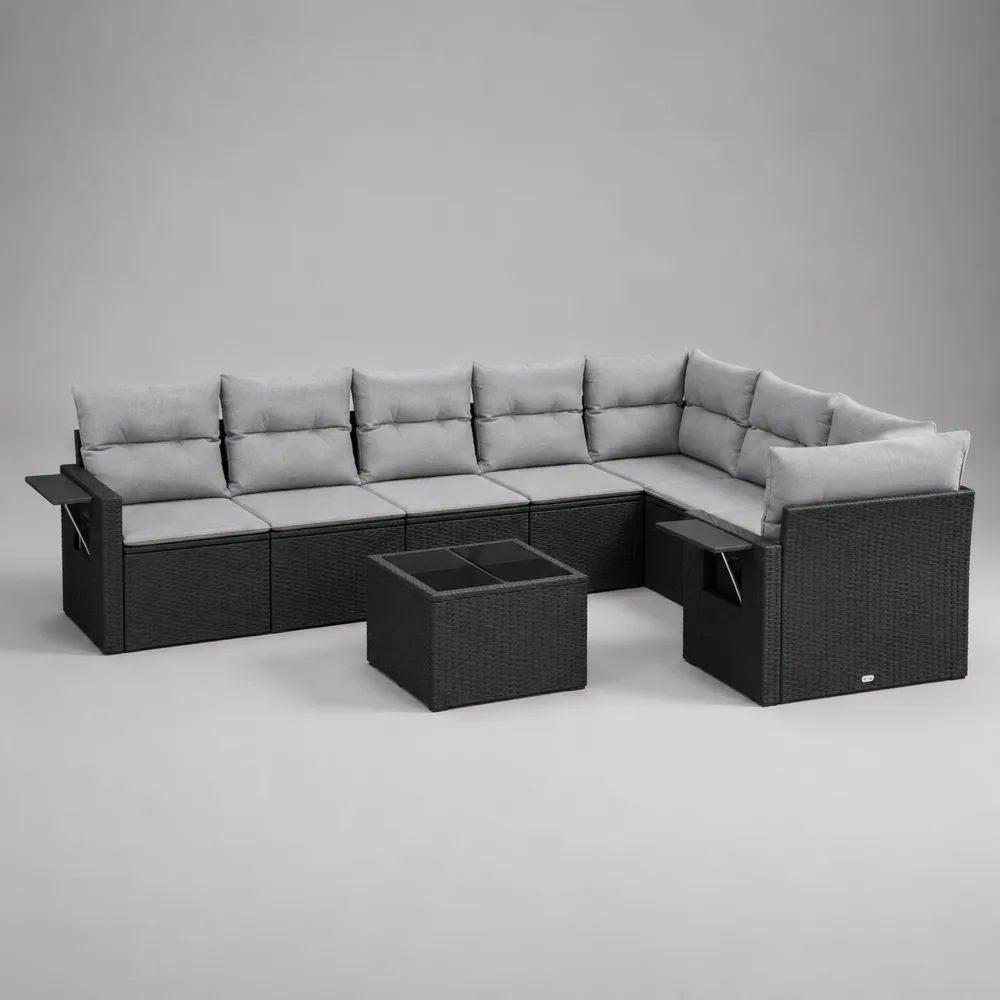 Set divano angolare da giardino a 6 posti in rattan PE nero con cuscini grigio chiaro e tavolino, 265 × 200 × 74 cm