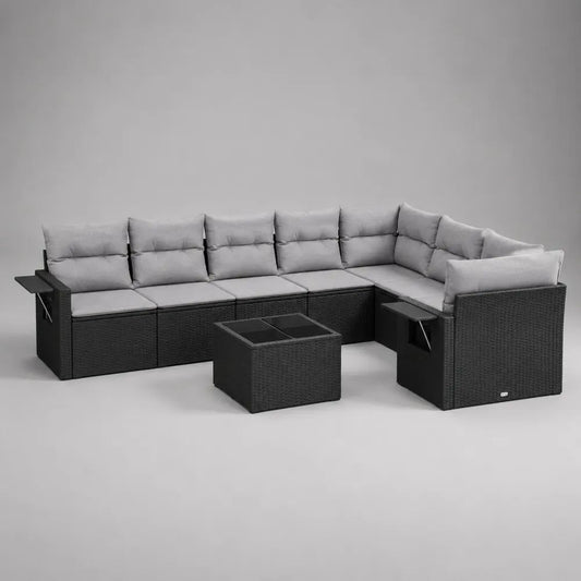 Set divano angolare da giardino a 6 posti in rattan PE nero con cuscini grigio chiaro e tavolino, 265 × 200 × 74 cm