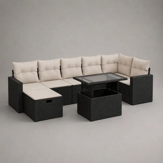 Set salotto da giardino angolare 9 posti in rattan PE nero con cuscini beige e tavolo elevabile, 260 x 190 x 74 cm