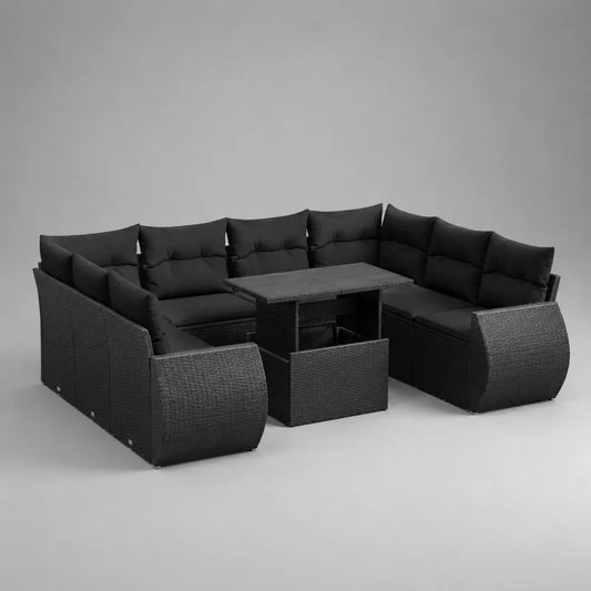 Set divano da giardino modulare 12 pezzi in rattan PE nero con cuscini, tavolo e sgabelli, 260 x 200 x 74 cm