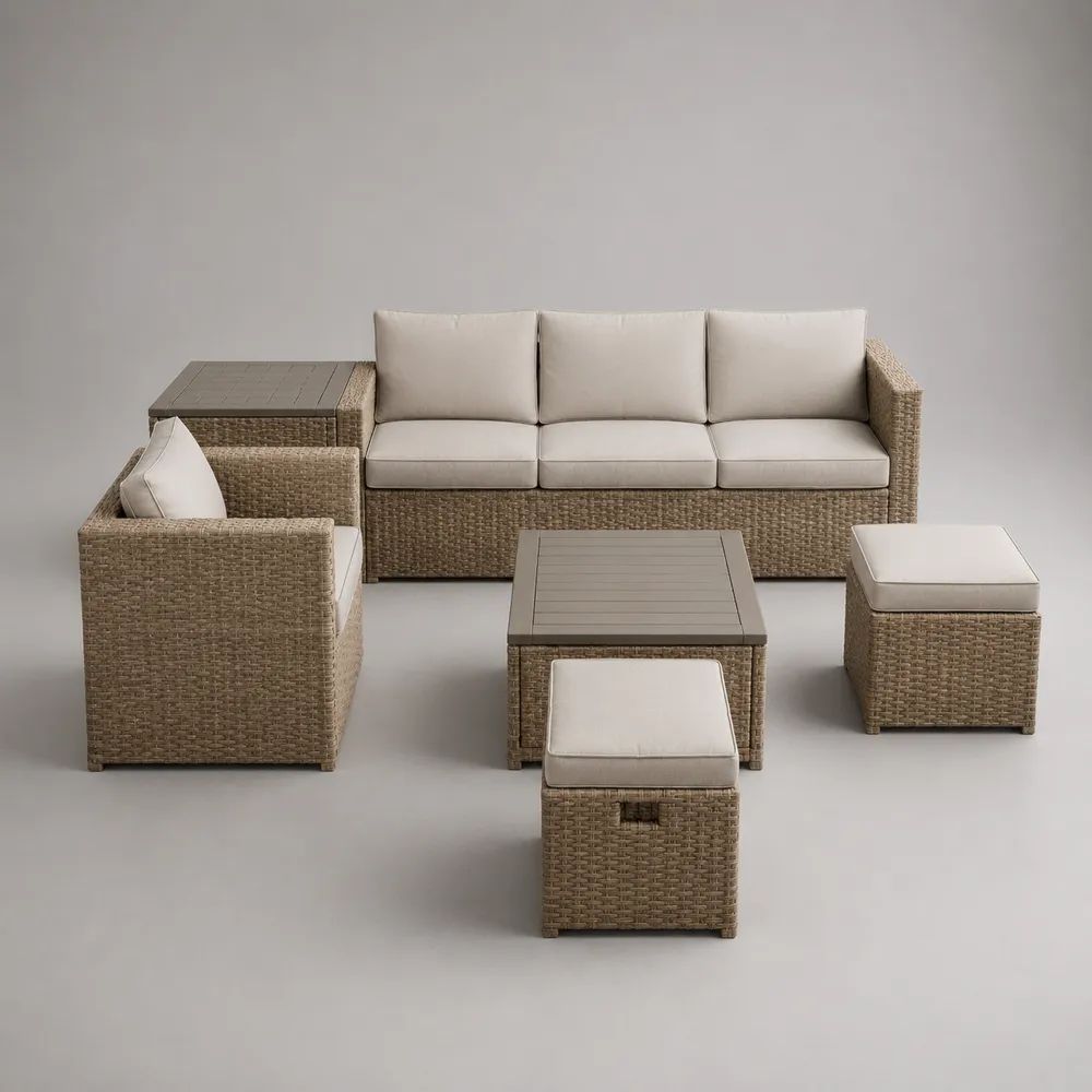 Set da giardino 6 pezzi in polyrattan beige con cuscini crema, divano 190 × 75 × 75 cm