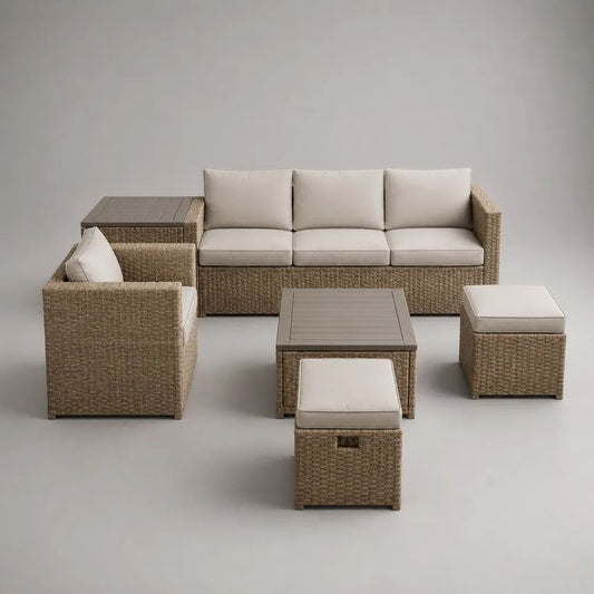 Set da giardino 6 pezzi in polyrattan beige con cuscini crema, divano 190 × 75 × 75 cm