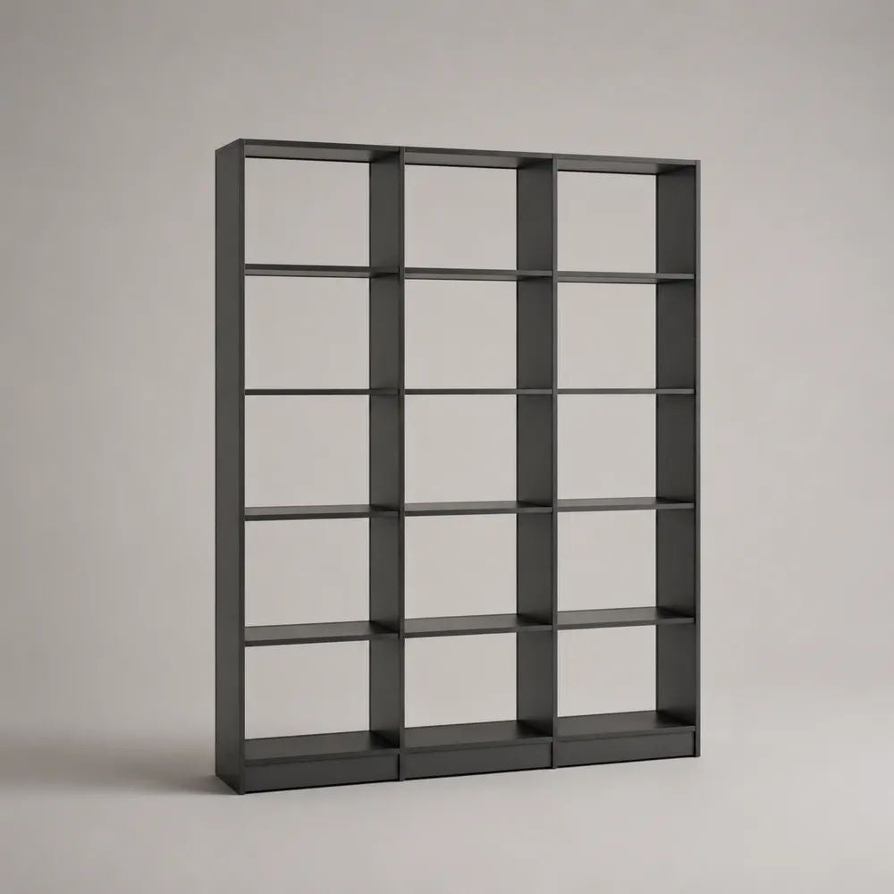 Libreria a giorno rettangolare in pannello truciolare nero, 3 moduli con 15 vani, 120 × 30 × 180 cm