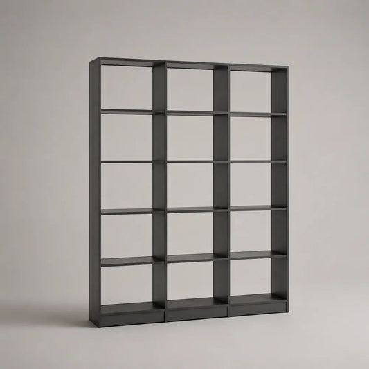 Libreria a giorno rettangolare in pannello truciolare nero, 3 moduli con 15 vani, 120 × 30 × 180 cm