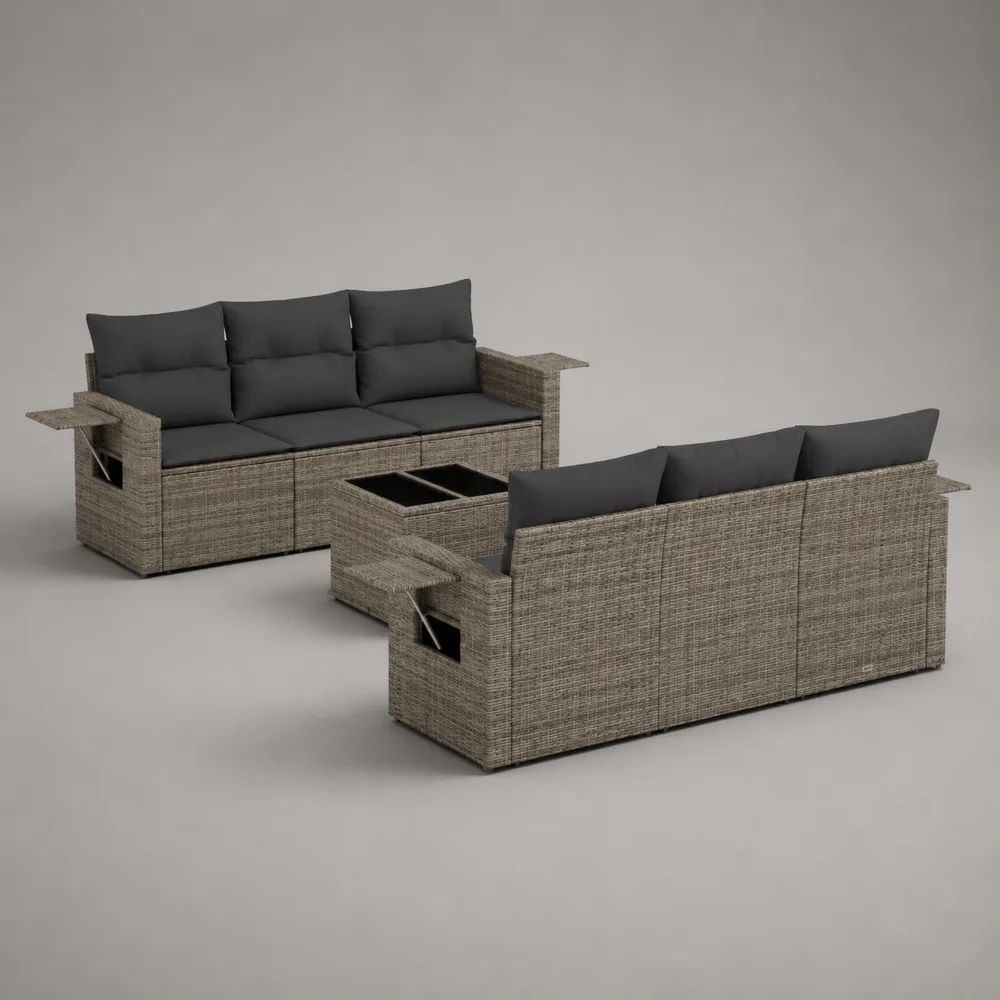 Set da giardino 6 posti in rattan PE e acciaio tortora con 2 divani da 190 x 75 x 82 cm, tavolino da 100 x 50 x 65 cm e cuscini grigio antracite