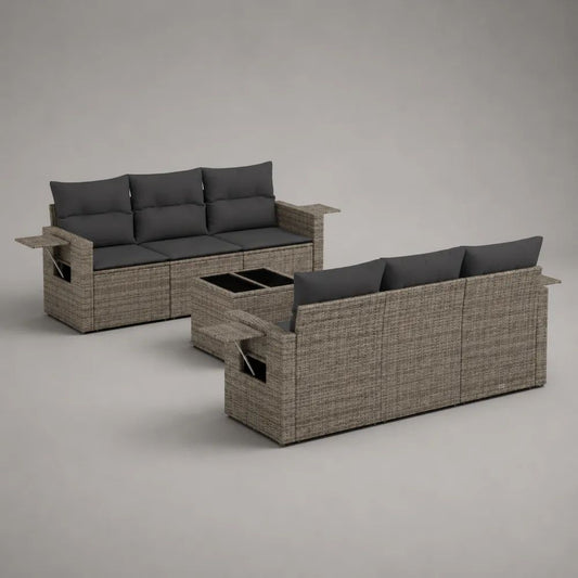 Set da giardino 6 posti in rattan PE e acciaio tortora con 2 divani da 190 x 75 x 82 cm, tavolino da 100 x 50 x 65 cm e cuscini grigio antracite