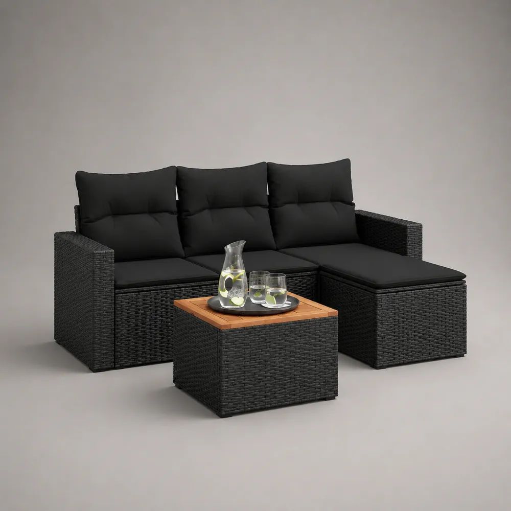 Set salotto da giardino modulare 5 pezzi in rattan PE nero con chaise longue e tavolino in legno, 196 x 128 x 85 cm