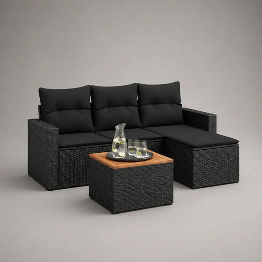 Set salotto da giardino modulare 5 pezzi in rattan PE nero con chaise longue e tavolino in legno, 196 x 128 x 85 cm