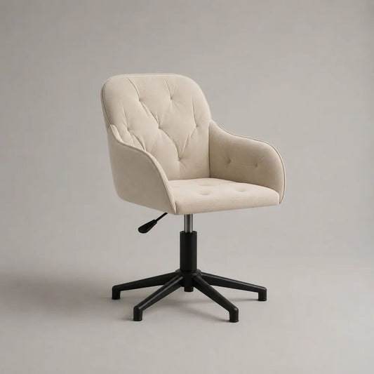 Sedia girevole regolabile in velluto di poliestere beige con braccioli, schienale arrotondato e base in acciaio nero, 62 x 62 x 82-92 cm
