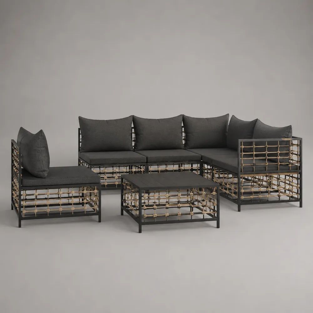 Set salotto da giardino 5 pezzi in acciaio e corda PP con divano angolare e tavolino, antracite e beige, 265 x 210 x 75 cm