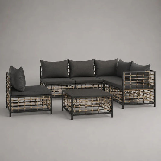 Set salotto da giardino 5 pezzi in acciaio e corda PP con divano angolare e tavolino, antracite e beige, 265 x 210 x 75 cm