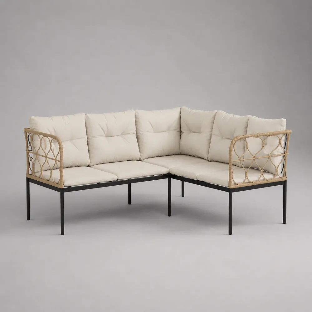 Divano angolare da giardino a 4 posti in acciaio e rattan PE beige con cuscini crema, 195 × 195 × 80 cm
