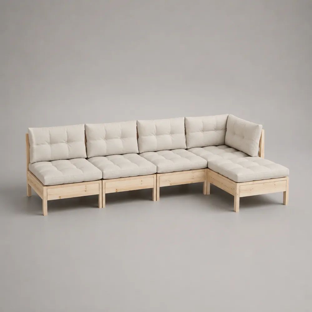 Divano angolare modulare da giardino a 5 posti in legno massello di pino con cuscini crema, 280 x 140 x 75 cm