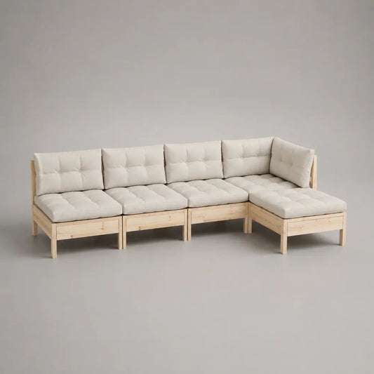 Divano angolare modulare da giardino a 5 posti in legno massello di pino con cuscini crema, 280 x 140 x 75 cm