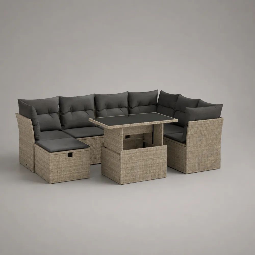 Set divano angolare da giardino 4 elementi in polyrattan PE beige chiaro con cuscini antracite e tavolo, 245 x 195 x 85 cm