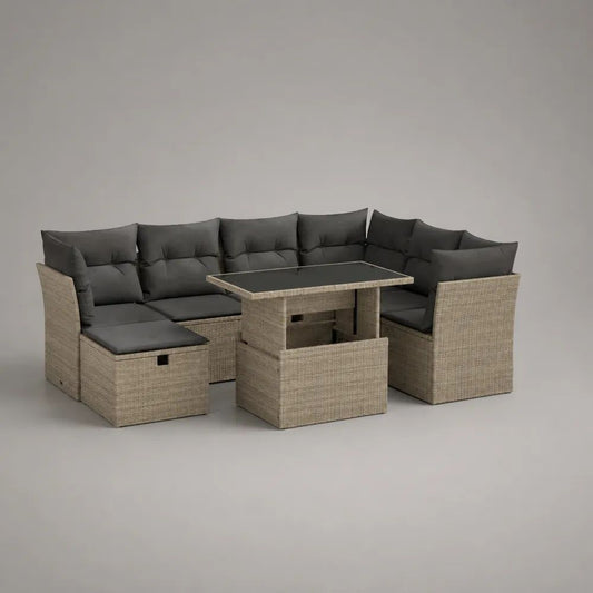 Set divano angolare da giardino 4 elementi in polyrattan PE beige chiaro con cuscini antracite e tavolo, 245 x 195 x 85 cm