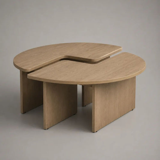Set di 2 tavolini da salotto componibili in MDF impiallacciato rovere naturale, forma circolare, 100 x 100 x 45 cm