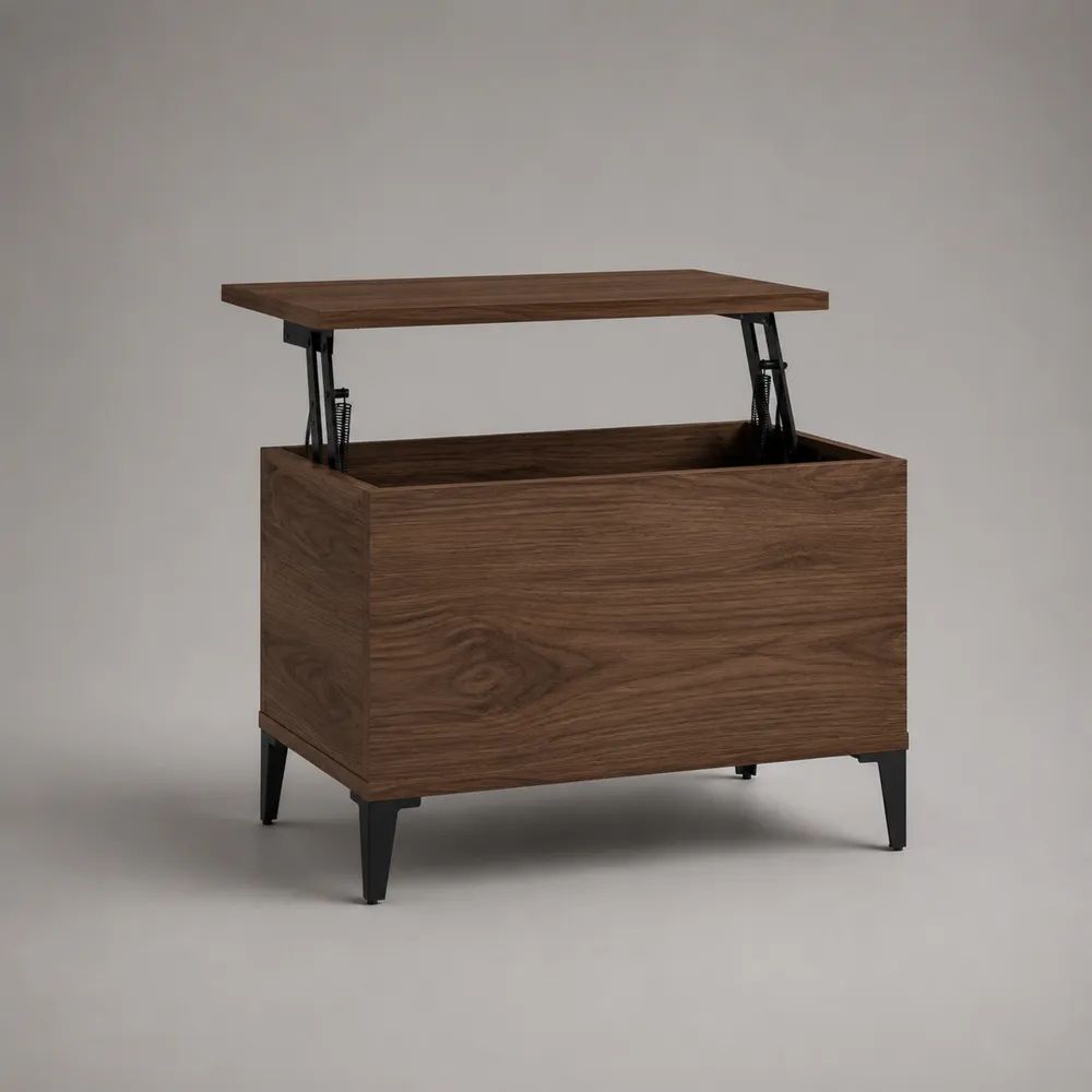 Tavolino rettangolare con piano elevabile e vano portaoggetti, in truciolare melaminico e acciaio, marrone noce e nero, 80 x 40 x 55-70 cm