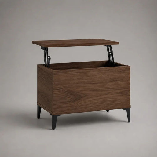 Tavolino rettangolare con piano elevabile e vano portaoggetti, in truciolare melaminico e acciaio, marrone noce e nero, 80 x 40 x 55-70 cm