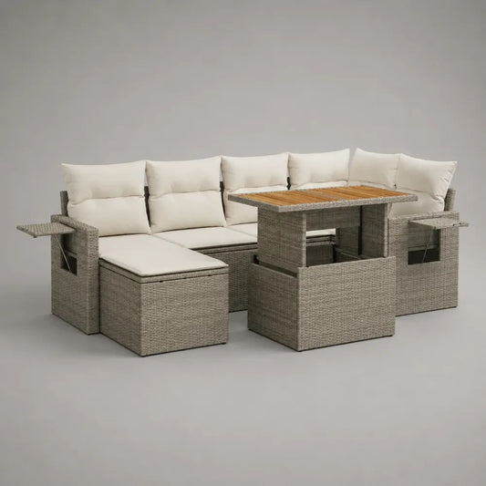 Set salotto da giardino 9 posti in polyrattan, acciaio e legno con divano angolare, tavolo e 3 pouf, grigio/beige/marrone naturale, 235 x 178 x 83 cm