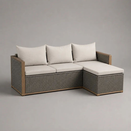 Set divano angolare da giardino a 3 posti in rattan PE, metallo e legno con penisola destra e cuscini, grigio/beige/marrone naturale, 210 x 140 x 75 cm