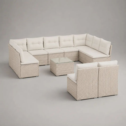 Set salotto da giardino per esterni 10 pezzi in rattan PE e acciaio, divano a U, 2 poltrone e tavolino, beige chiaro e crema, 280 × 210 × 74 cm