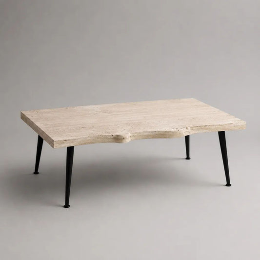 Tavolino da salotto rettangolare in travertino beige con gambe in acciaio nero, 120 x 70 x 40 cm
