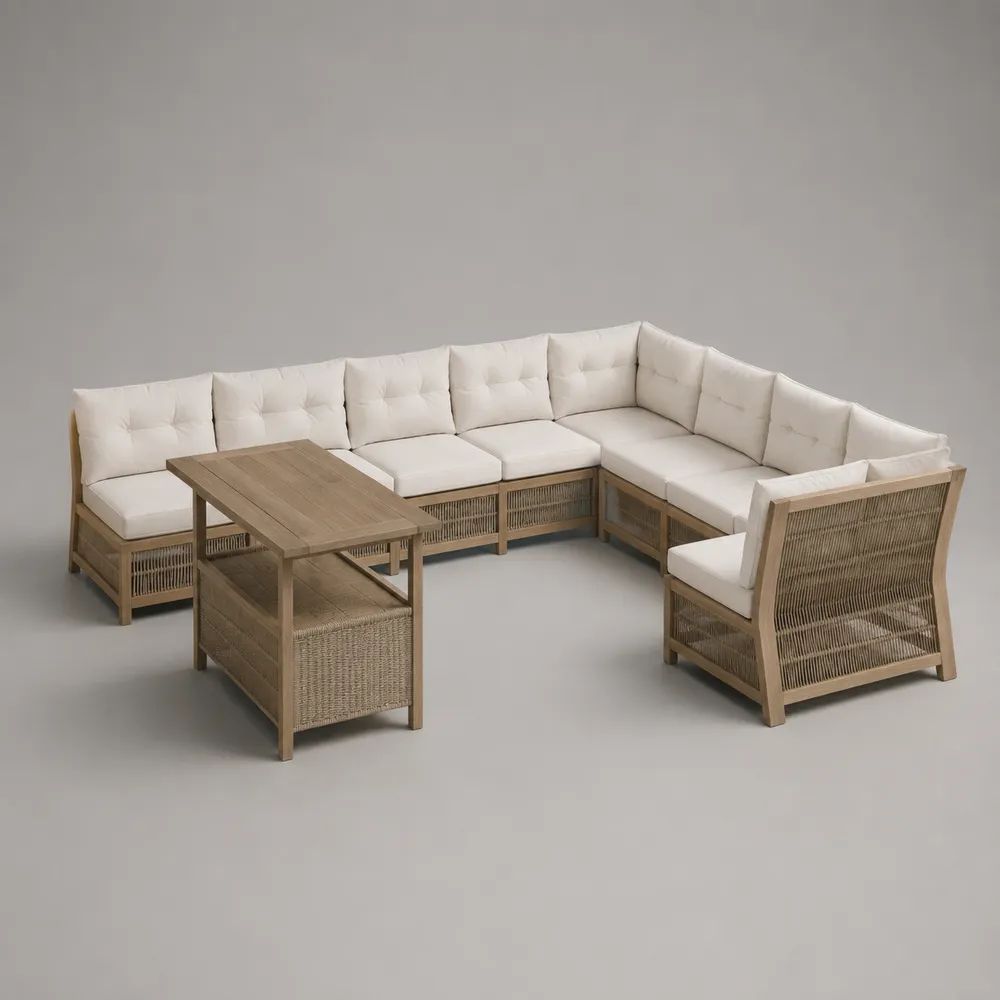 Set modulare angolare da esterno con tavolo e 2 sgabelli in legno massello di acacia e corda PP, beige e avorio, 295 x 220 x 76 cm